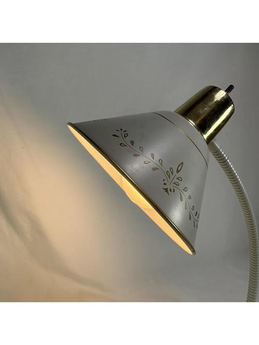 Mid Century 1950's Decorated White French Tole Gooseneck Lamp Ornate Deco Works